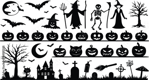 Halloween Haunted House Pumpkins Ghosts Bats Witch Skeleton Spooky Night