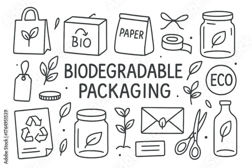 Biodegradable Packaging Doodles. Biodegradable Packaging. Hand-drawn doodle illustration Biodegradable Packaging plant-based bag, cardboard box, paper pouch,