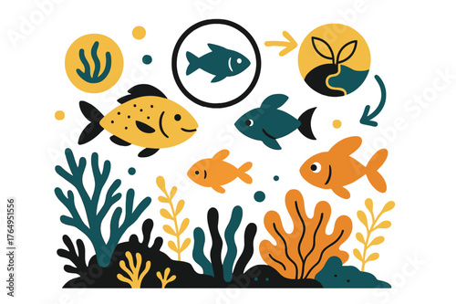 Vibrant Coral Reef. Reefs and their importance in marine biodiversity. Vibrant coral reef with abstract floating icons representing fish, algae, and ecological