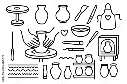 Clay Pottery Doodle. Clay pottery. Hand-drawn doodle illustration clay pottery spinning wheel, clay vase, jug, sculpting hands, water bowl, carving tool,