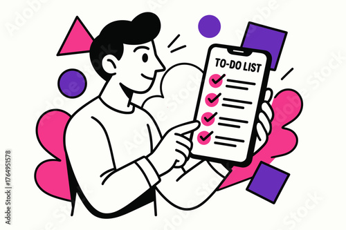 Digital To-Do Creation. Creating a To-Do List on a Phone. Person holding phone with a list of priorities and floating abstract geometric icons, productive and