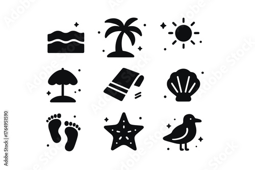 Calm Coastline Icons. Calm Coastline. Solid icons set of Calm Coastline: sand, ocean waves, palm tree, sun, beach umbrella, towel, seashell, bucket, starfish,