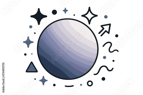 Colorful Spherical Abstraction. Sphere. Sphere with colorful gradient and abstract floating sparkles and geometric shapes; conveys modern design, creativity,