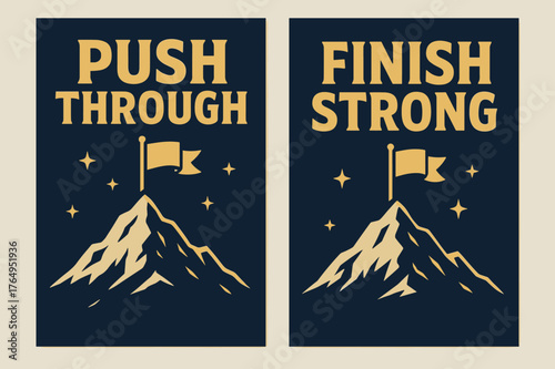 Motivational Success Banners. Perseverance. Two vertical A6 banners with safe margins, centered composition, no elements touching edges, bold, navy and gold,