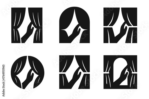 Curtain Motion Icons. Closing the Curtains or Blinds. Set Logo of Curtain Motion: Filled silhouette, Abstract geometric, Negative space, Symmetrical form,