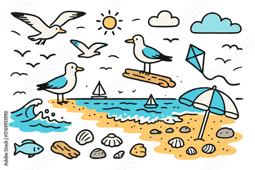 Colorful Beach Seagulls. Beach birds. Hand-drawn doodle illustration seagulls (colored), wings spread (colored), sky (colored), clouds (colored), sun