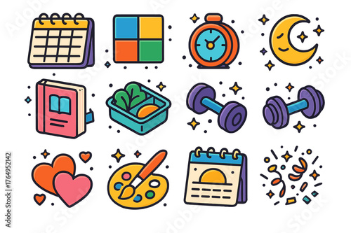 Balanced Life Icons. Work?study?gaming balance. Colorful isometric vector icons set of Work?study?gaming balance: weekly planner, priority matrix, focus