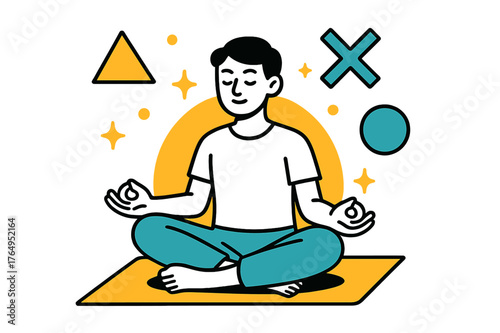 Serene Geometric Meditation. A Person Meditating in a Quiet, Peaceful Environment. Individual sitting cross-legged on a mat surrounded by floating abstract