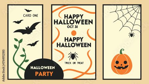 Halloween Party Invitation Happy Halloween Trick or Treat Bats Spiders Pumpkins