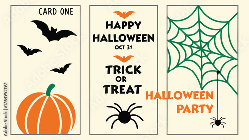 Halloween Party Invitation Trick or Treat Pumpkin Bats Spiders Web Celebration