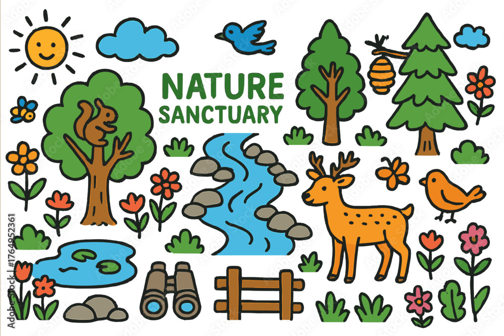Fototapeta premium Whimsical Nature Sanctuary. nature sanctuary. Colorful Hand-drawn doodle Children illustration nature sanctuary forest, river, trees, birds, flowers, deer,
