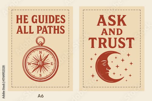 Retro Navigation Banners. Guidance. Two vertical A6 banners with safe margins, centered composition, no elements touching edges, retro, red and beige, compass,