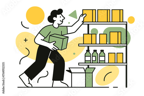 Efficient Shelf Arrangement. Restocking Supplies. Employee arranging boxes and products on store shelves with floating abstract geometric shapes, efficient and