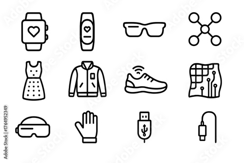 Fashion Tech Icons. Fashion tech gadgets. Line icon set of fashion tech gadgets: smartwatch, fitness tracker, smart glasses, wearable sensors, LED dress, smart