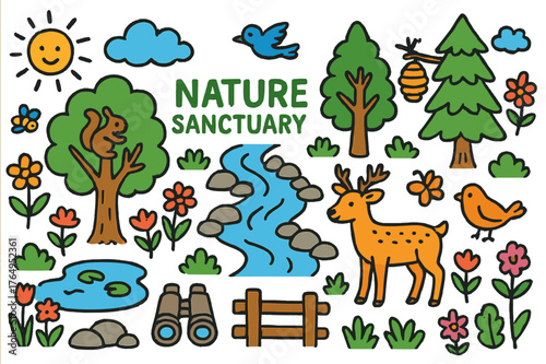 Whimsical Nature Sanctuary. nature sanctuary. Colorful Hand-drawn doodle Children illustration nature sanctuary forest, river, trees, birds, flowers, deer,