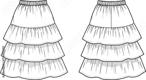 Fashion vector illustration of tiered skirts with ruffled layers, elastic waistband, flared design, sewing pattern, clothing style comparison