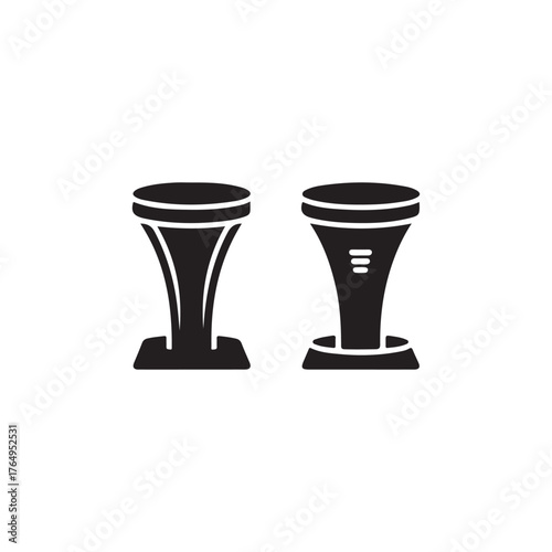 Two black silhouettes of traditional conga drums side and front views