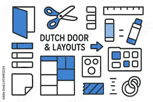 Dutch Door Layouts. // Dutch door & layouts. Hand-drawn doodle illustration Dutch door & layouts [cut-out flap (accented), scissors (accented), tab labels
