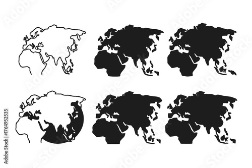 Eurasia Geographic Logos. Eurasia. Set Logo of Geographic Borders: Minimal outline, Negative space, Flat solid, Symmetrical form, Stylized detail, Iconic