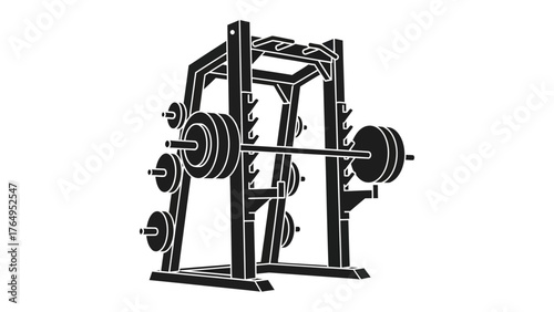 Gym Equipment for Strength: A minimalist monochrome depiction of a gym weight machine, highlighting its essential structure for strength training, body-building, and workout goals.