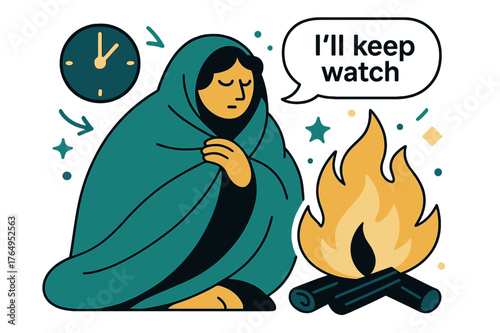 Night Watch Guardian. Keeper of the Hearth ? Night Watch. A figure wrapped in a blanket listens to the quiet crackle; clock icon rests at ?:?. Whispered