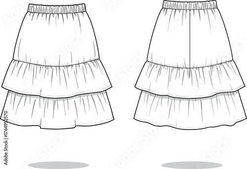 Fashion vector illustration of tiered skirts with elastic waistband, layered ruffle design, garment construction, clothing style, apparel drawing art