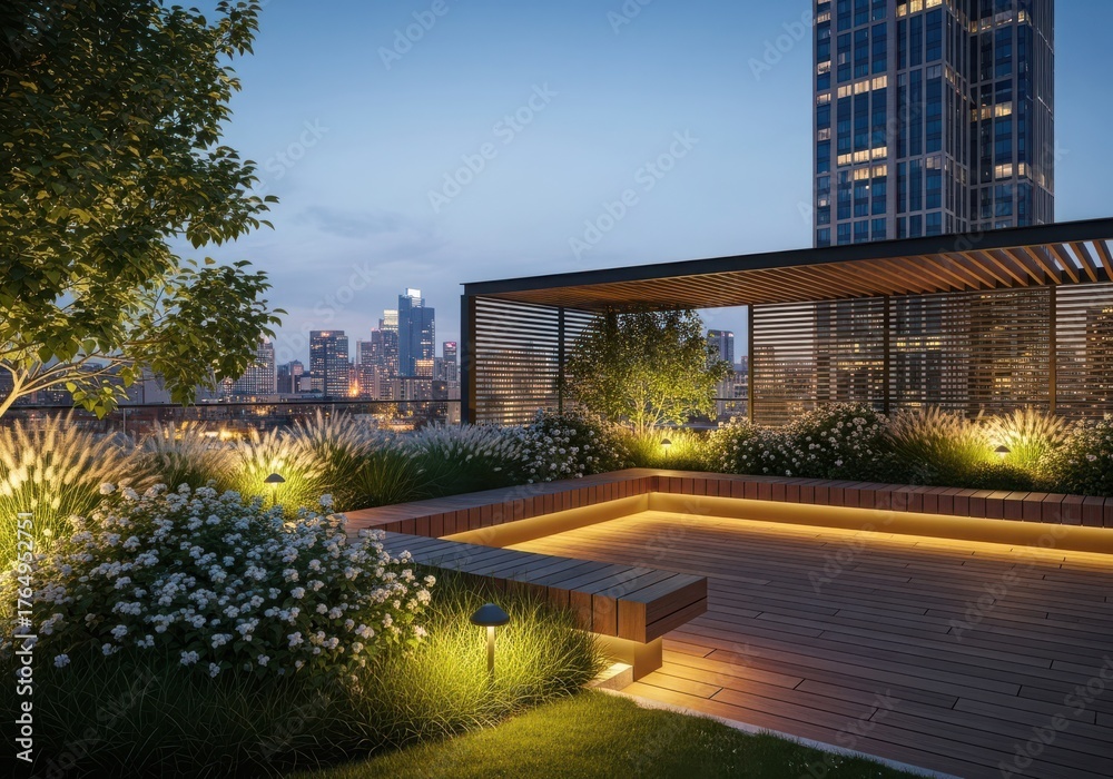 Fototapeta premium Modern rooftop garden with city skyline at dusk, featuring illuminated plants and seating area