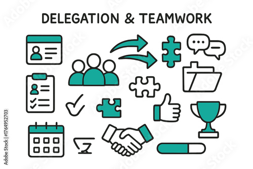 Delegation Doodle Art. // Delegation & teamwork. Hand-drawn doodle illustration Delegation & teamwork [handoff arrows (accented), group avatars (accented),
