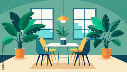 A dining room with a statement piece of a large tropical plant adding a pop of vibrant green to the space.