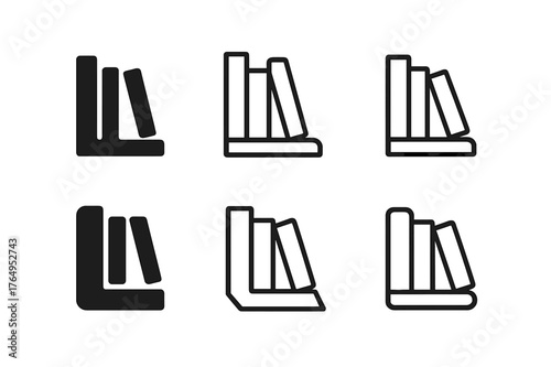 Compact Corner Bookshelf. A Corner Bookshelf That Fits Perfectly in a Small Space. Set Logo of Organized Books: Filled silhouette, Minimal outline, Abstract