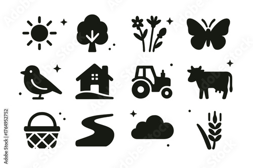 Countryside Icon Set. Countryside in May. Solid icons set of Countryside in May: sun, tree, wildflowers, butterfly, bird, farmhouse, tractor, cow, picnic