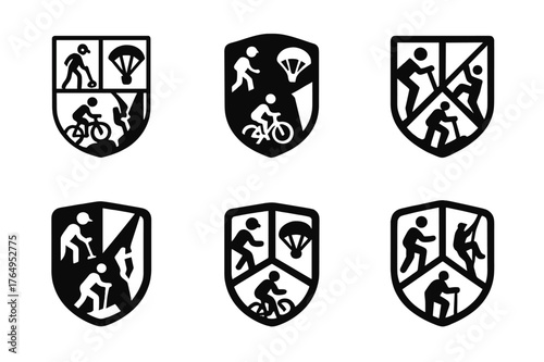 Adventure Sport Logos. Unusual hobbies and extreme sports. Set Logo of Unusual hobbies and extreme sports: adventure badge with mixed icons. harmonious logo
