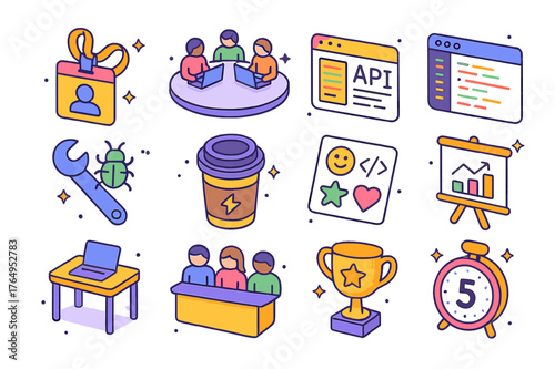 Student Hackathon Icons. Student hackathon. Colorful isometric vector icons set of Student hackathon: registration badge, team laptop circle, API docs window,