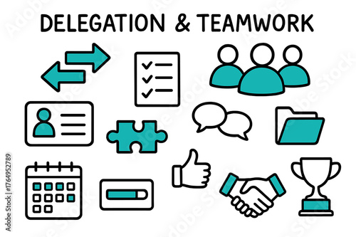 Delegation Doodle Art. // Delegation & teamwork. Hand-drawn doodle illustration Delegation & teamwork [handoff arrows (accented), group avatars (accented),