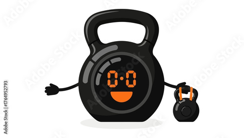 Weightlifting Mascot with Baby: Two friendly kettlebells, one large and one small, embody the spirit of fitness and strength. The larger kettlebell, complete with a digital display.