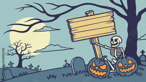 Halloween Graveyard Skeleton Sign with Pumpkins and Full Moon