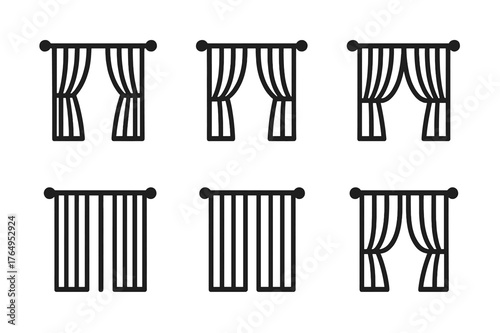 Geometric Curtain Rod Icons. Closing the Curtains or Blinds. Set Logo of Curtain Rod: Minimal outline, Abstract geometric, Negative space, Flat