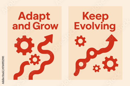 Adapt and Grow Banners. Adapt and grow. Two vertical A6 banners with safe margins, centered composition, no elements touching edges, flat vector design, red