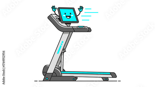 Animated Treadmill: A cheerful animated treadmill cheerfully demonstrates physical fitness with a smile and waving hands.