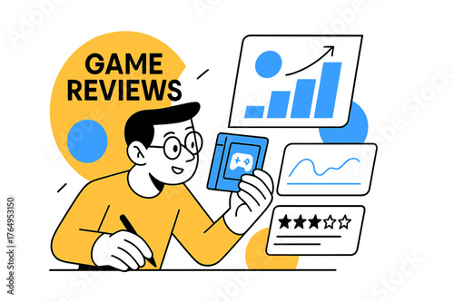 Analytical Game Review. Game Reviews. Reviewer holding a game cartridge with floating abstract charts and ratings, detailed and analytical review scene. Modern