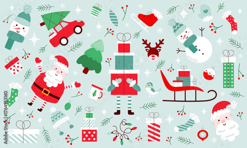 Big collection of cute isolated holiday elements: santa, snowman, gifts, mittens,socks,sled, bird, christmas tree, balls, spruce branches. Holiday set in flat doodle style. Vector
