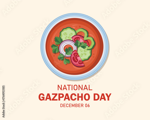 National Gazpacho Day vector. Vegetable soup in bowl icon vector. Soup with tomatoes, peppers and cucumbers vector. Gazpacho Day Poster, December 6.