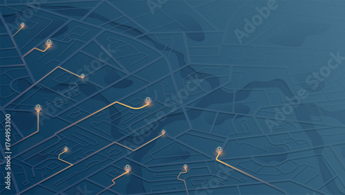 City route navigation on dark blue map with glowing path and location markers. GPS tracking and urban navigation technology concept. Vector illustration.