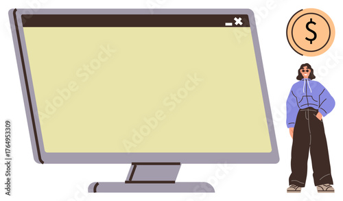 Large computer monitor, casual young woman in trendy outfit, and dollar coin highlight creativity, technology, entrepreneurship, education, workplace, e-commerce, and career growth in simple flat
