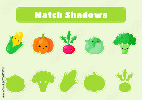 Educational game for kids. Cute veggies. Match shadows. Educational activity worksheet.Illustration for kids books and workbooks. Logical quest for children.  Vector illustration.