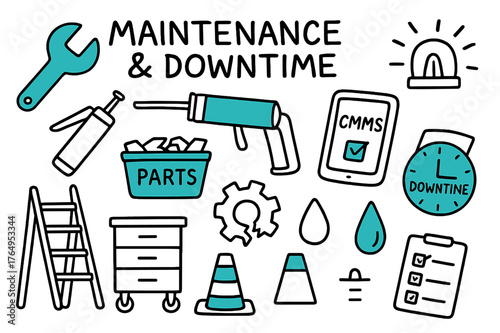 Maintenance Tools Highlights. // Maintenance & downtime. Hand-drawn doodle illustration Maintenance & downtime [wrench (accented), grease gun, spare parts bin