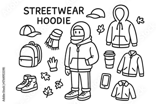 Streetwear Essentials Illustration. Streetwear Hoodie. Hand-drawn doodle illustration Streetwear Hoodie hoodie, person wearing hoodie, hood, zipper, pocket,