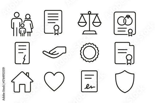 Family Law Icons. Family and Personal Law. Line icon set of Family and Personal Law: family silhouette, legal document, custody scale, marriage certificate,