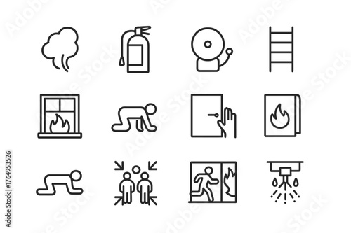 Fire Safety Icons. Fire Escape. Line icon set of Fire Escape: smoke plume, fire extinguisher, alarm bell, emergency ladder, window exit, crawl low under smoke,