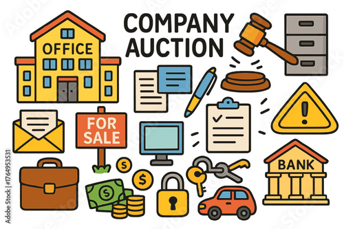 Company Auction Icons. company auction. Colorful Hand-drawn doodle Children illustration company auction office building, "For Sale" sign, auction hammer,
